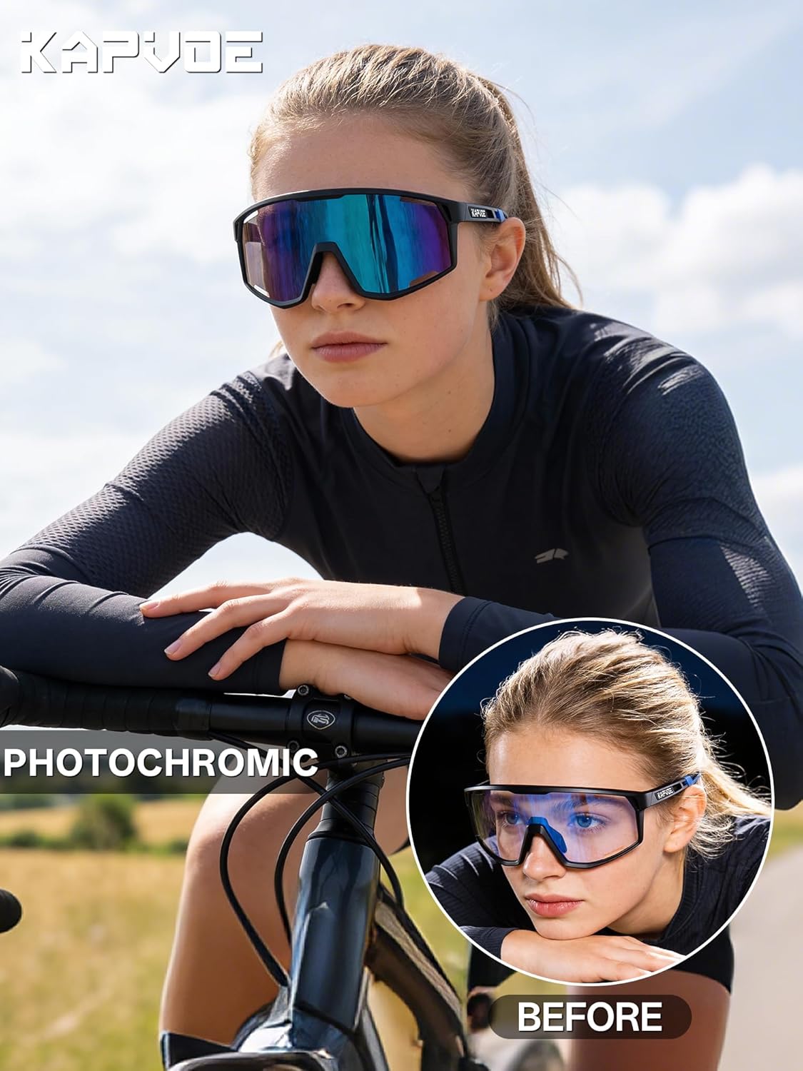 KAPVOE Photochromic Cycling Glasses Men Women Clear Mountain Bike Sunglasses MTB Baseball Running Triathlon - K180