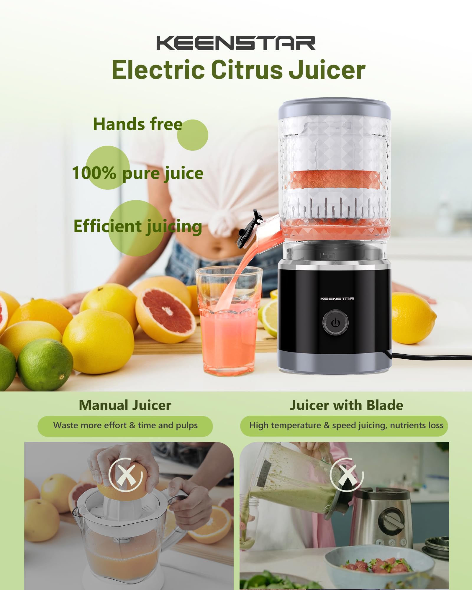 KEENSTAR Electric Citrus Juicer, Automatic Orange Juicer Squeezer with Power Cord, Portable Juicer with Cleaning Brush for Lemon, Grapefruit, High Juice Yield, One Touch Operation, Easy to Clean
