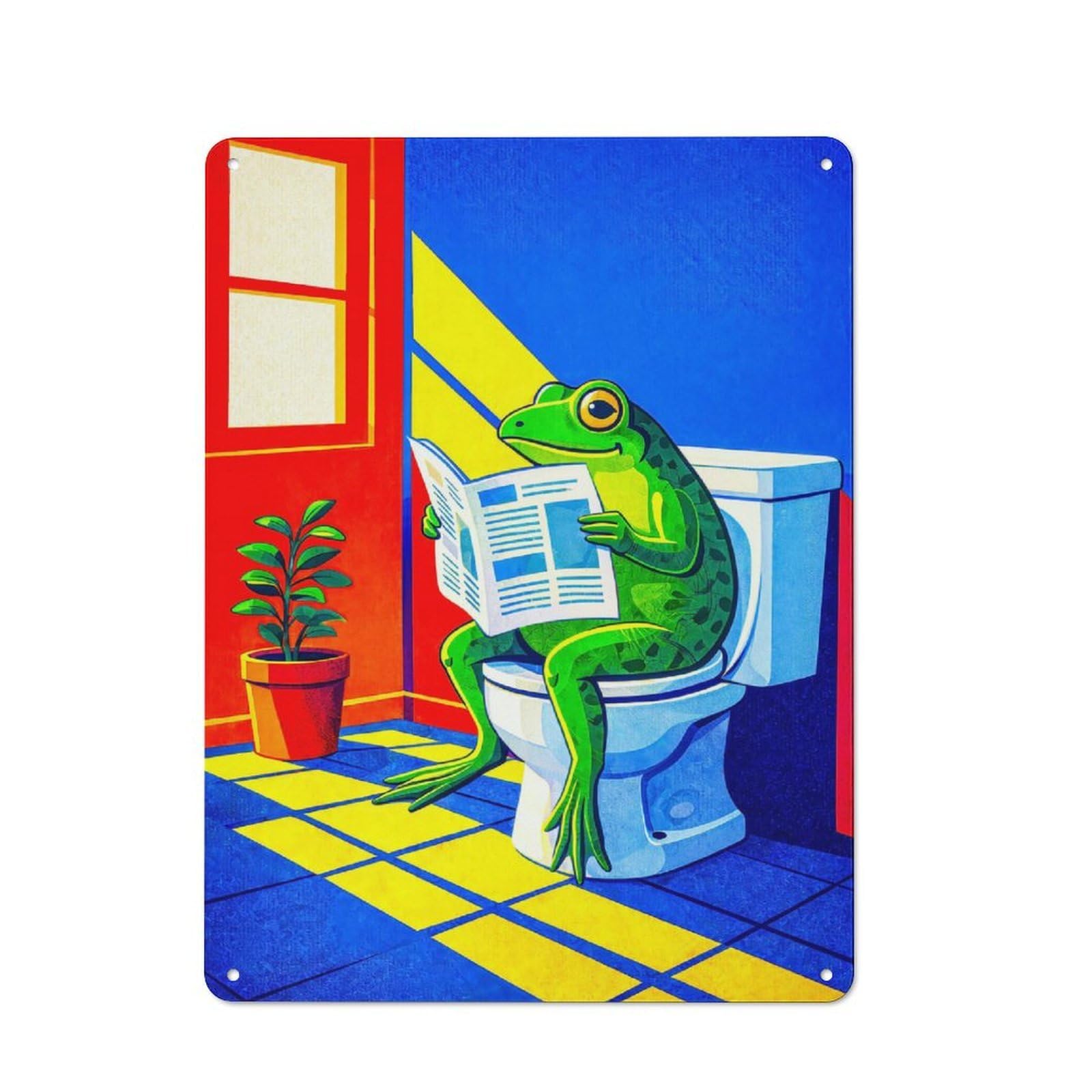 Junmoney Style-5 Metal Plaque 40X30cm With Frog Reading Newspaper On Toilet For Pub Or Café, Vintage Decor, For Metal Sign Collectors, For Vintage Wall Decor Fans