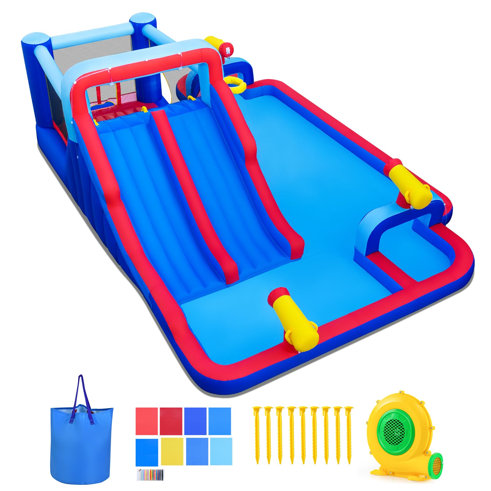 Castillo hinchable hinchable con tobogán acuático, piscina infantil, pared de escalada, pistola de agua, canasta de baloncesto, parque acuático para niños de 3 a 12 años (con ventilador de 750 W)