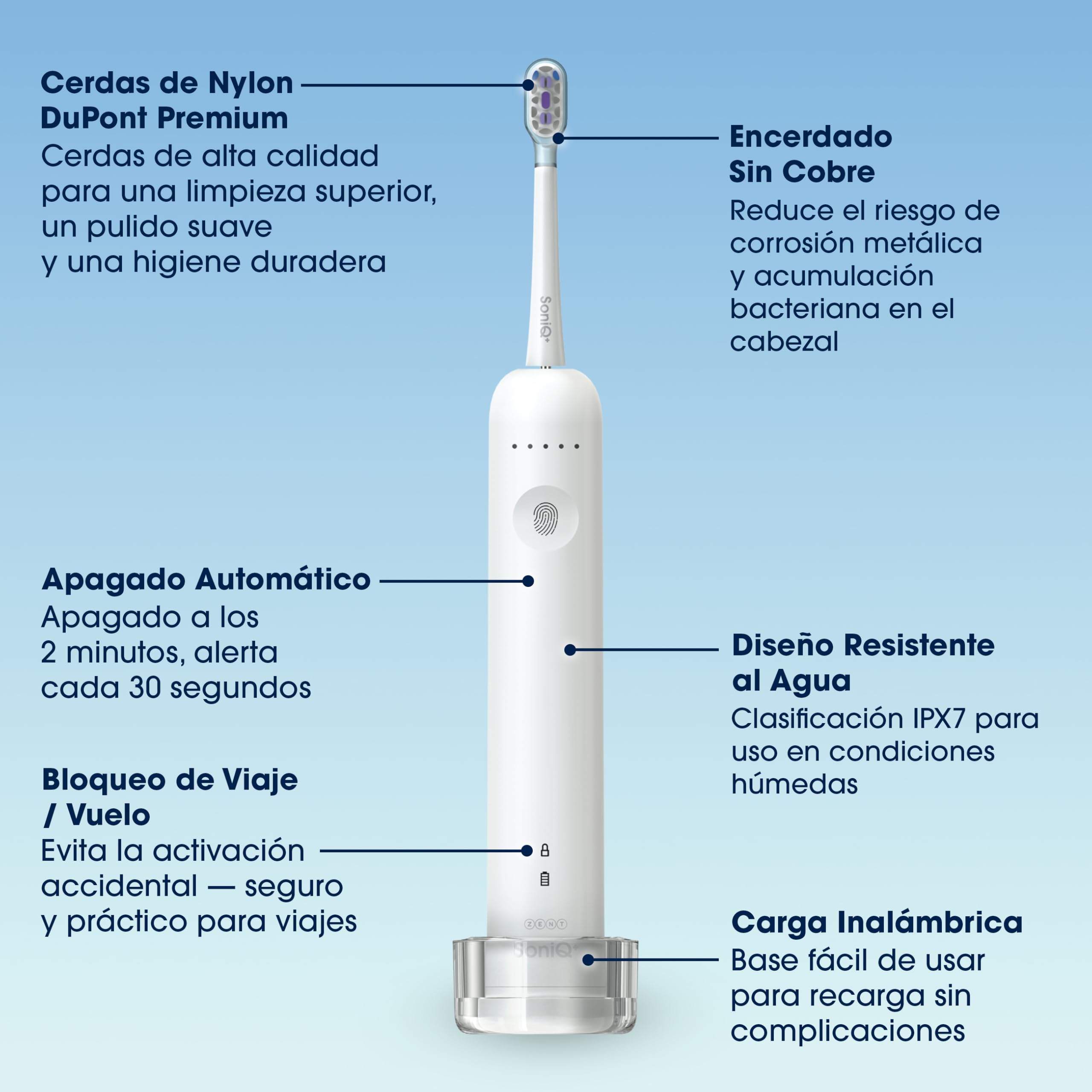ZENT Cepillo de dientes eléctrico 2en1 para dientes sensibles | Cepillo sonico dental con movimiento rotativo de 60°, 5 modos de funcionamiento, IPX7 Impermeable, Cargador por inducción