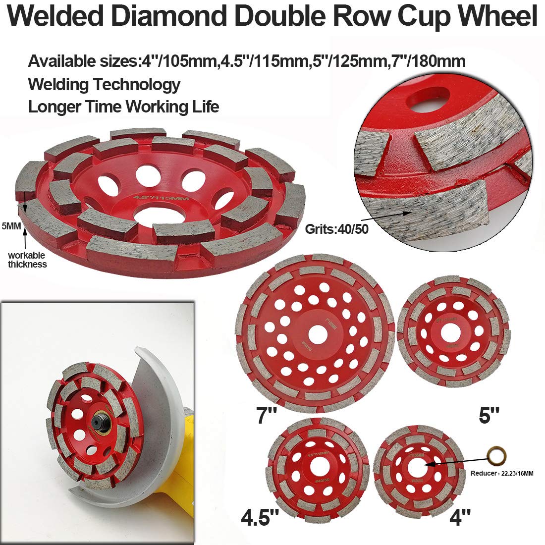 SHDIATOOL Mola a Tazza Diamantata 125mm Doppia Fila per Calcestruzzo Piastrella Pietra Muratura
