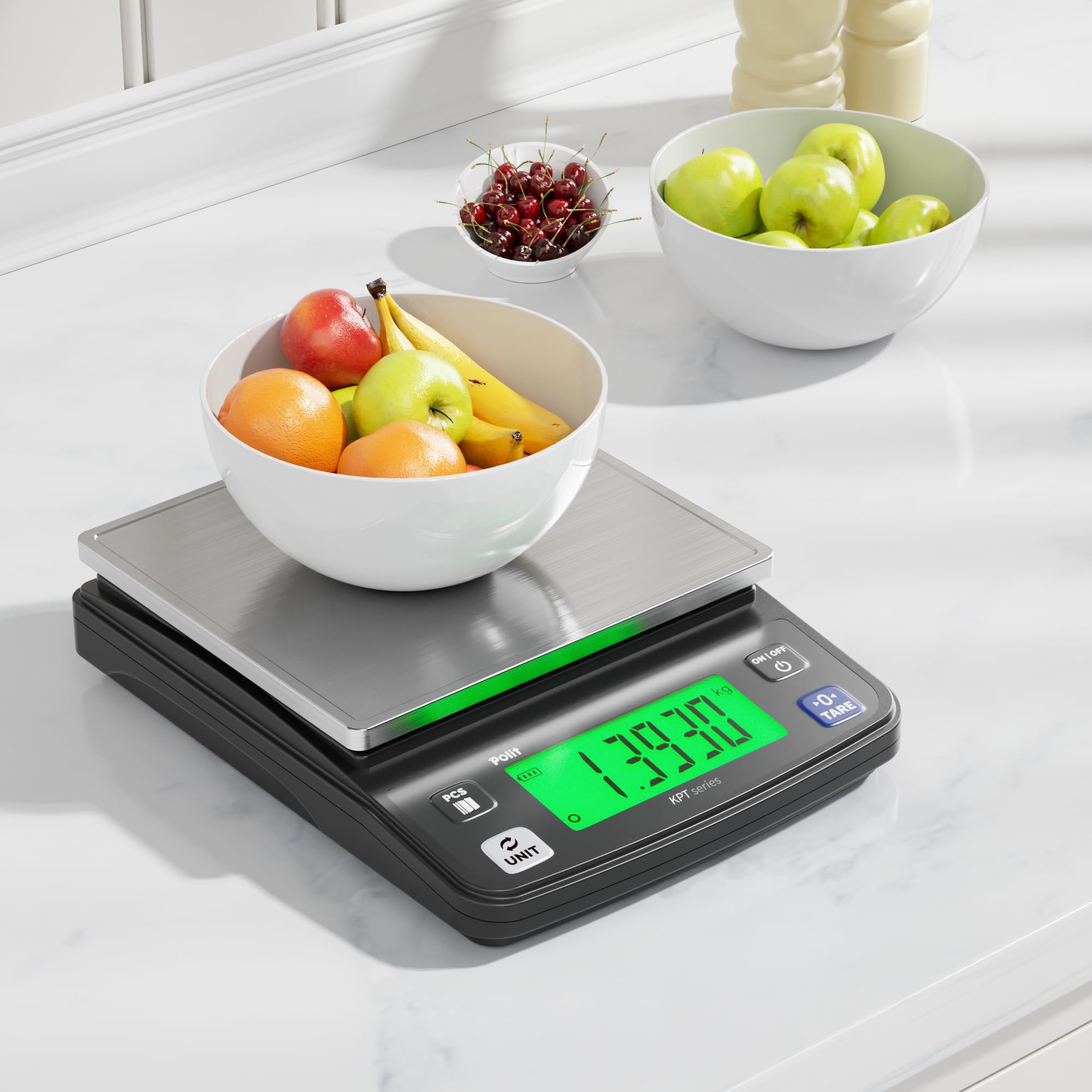 Polit KPT Digitale Küchenwaage, 0,5 g Präzision, Zählmodus, 6 kg | Edelstahl-Tablett; Dual-Power; rutschfeste Gummifüße; zum Kochen, Backen, Mahlzeitvorbereitung, Saatgut- und Hardware-Wiegen