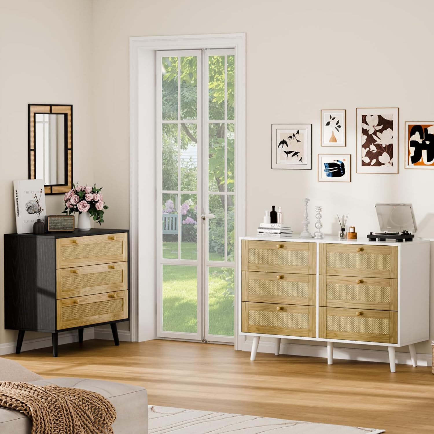 3 Drawer Rattan Dresser for Bedroom, Natural Rattan Modern Chest with Drawers, Chest of Drawers with Wooden Handles for Bedroom, Living Room, Hallway, Black