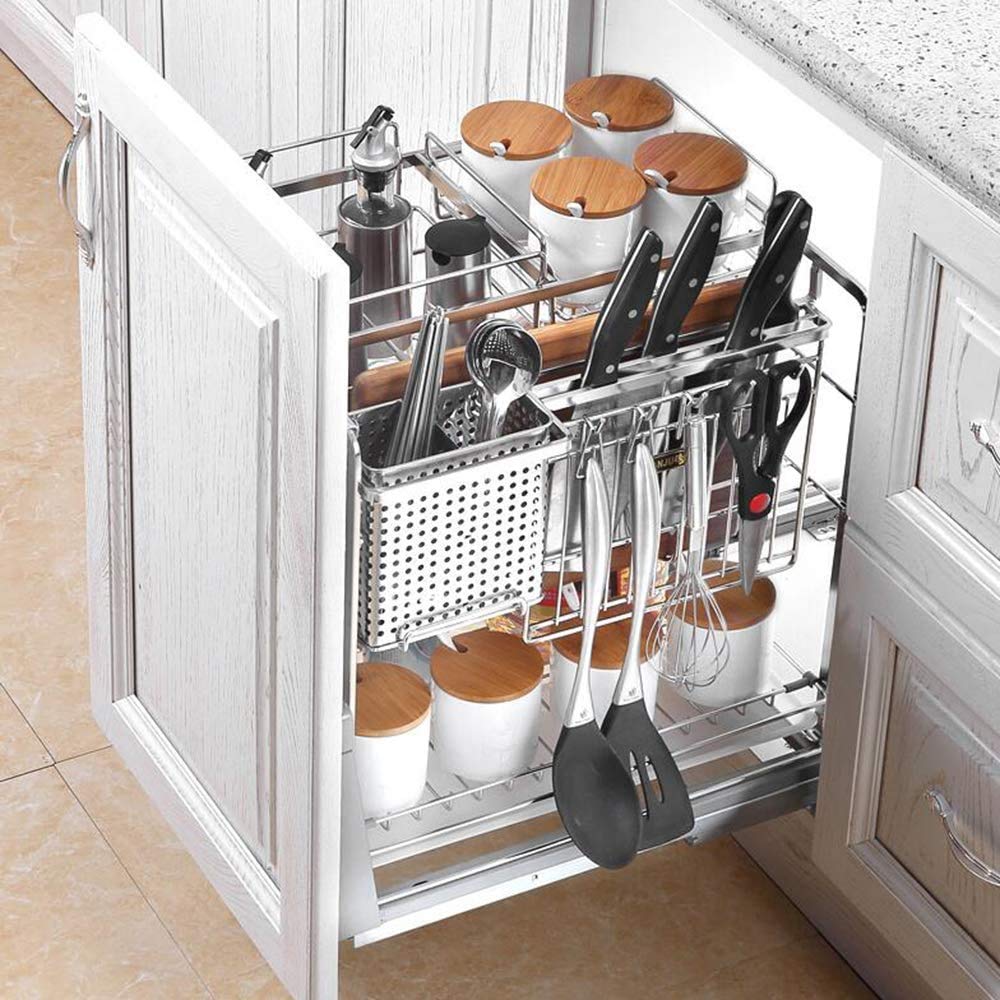 350MM Pull-Out Kitchen Or Drawer Soft Closed Magic Seasoning Basket, 304 Stainless Steel Large Capacity Saves Space