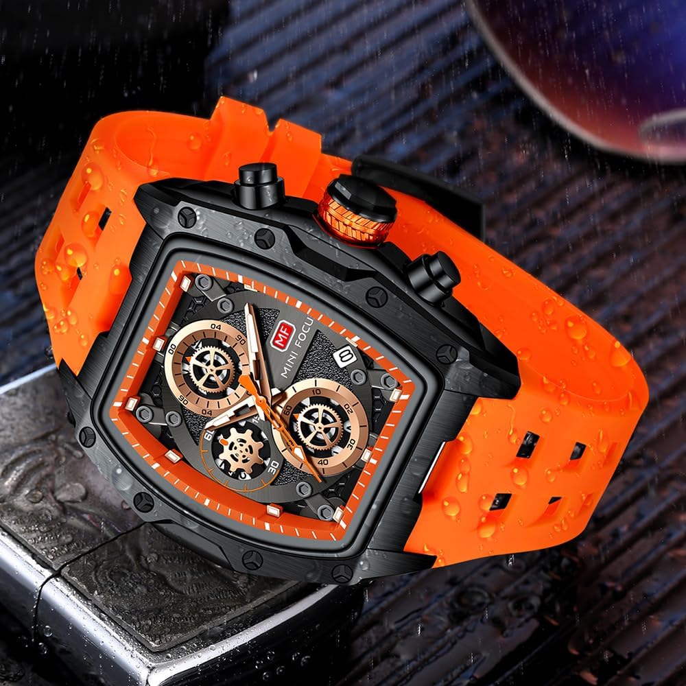 MF MINI FOCUS Watch for Men Wristwatch Fashion Hollow Big Dial Luminous Waterproof Sport Analog Quartz Business Chronograph Mens Watches Blue Silicon Strap Dress Watch(0473 Orange) - Image 4