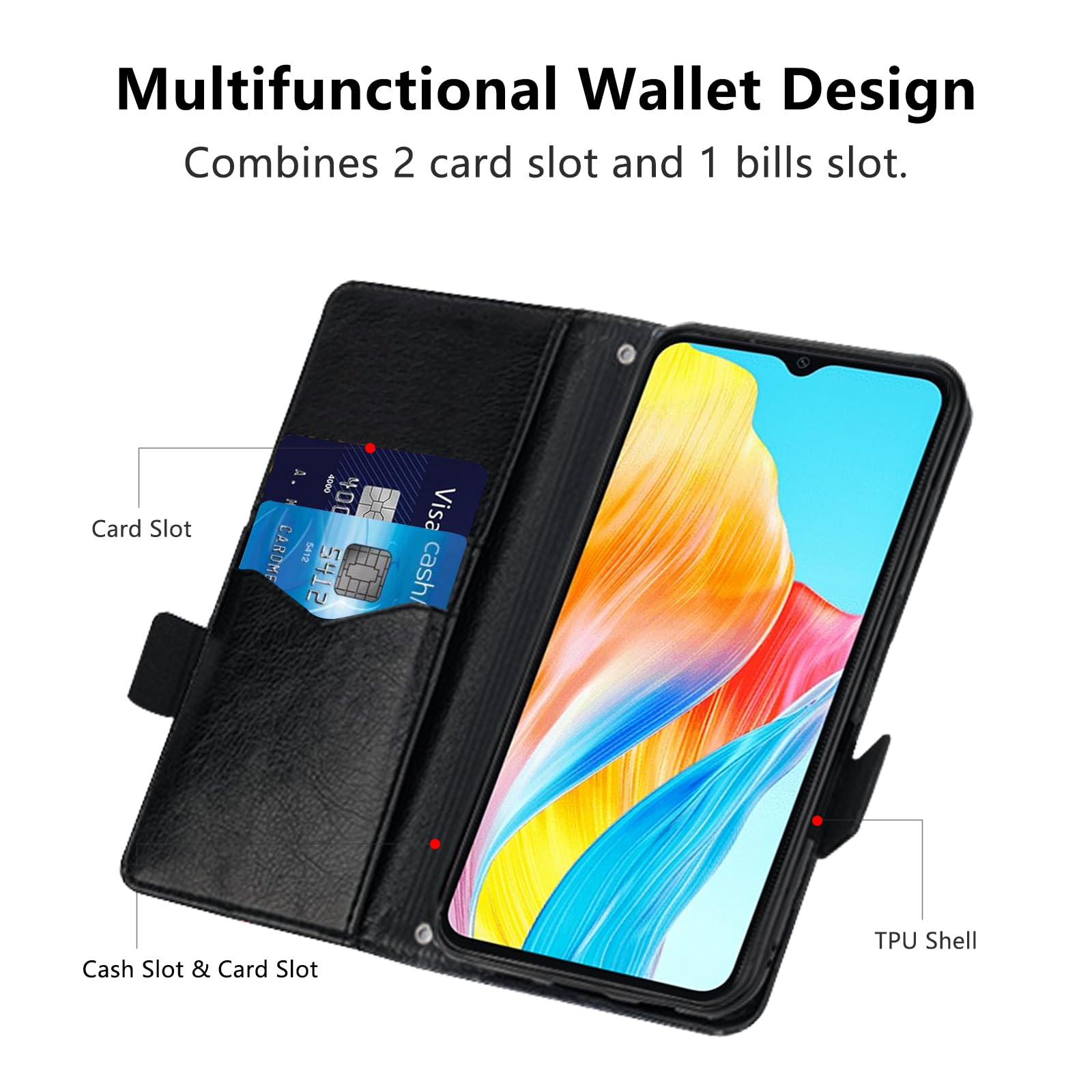 Cover per Oppo A38/OPPO A18 4G, Custodia Flip Pelle Portafoglio, Magnetica Libro Slot Schede Cover per Oppo A38 4G, Silicone TPU Bumper Wallet Supporto Antiurto Case Per OPPO A18 4G Nero