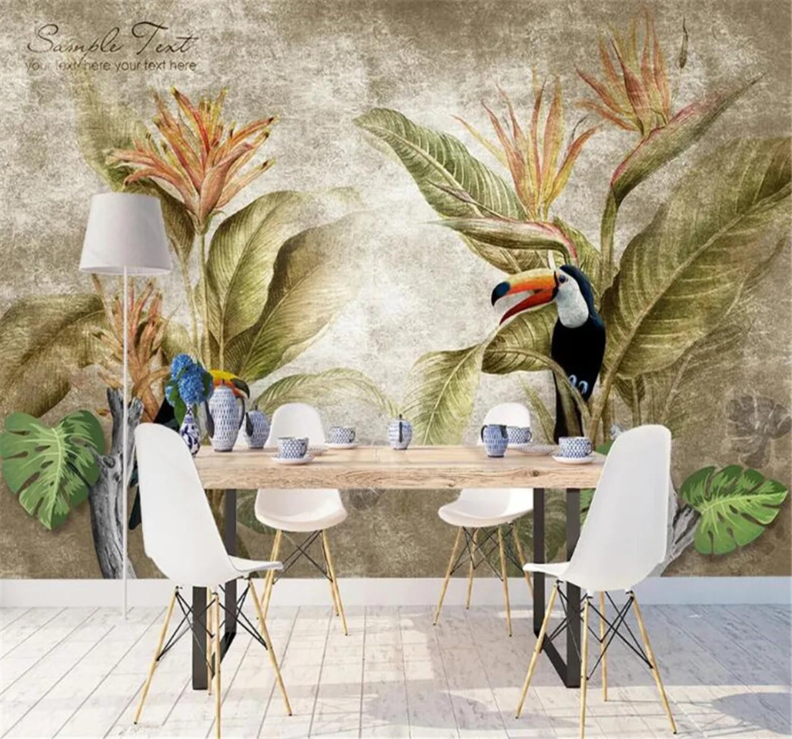 Tzxztt Unique Retro Tropical Plants Parrots Modern 3D Wallpaper Premium Textured Silk Neutral Tones Material Ideal for Living Room Bedroom-400cm×280cm