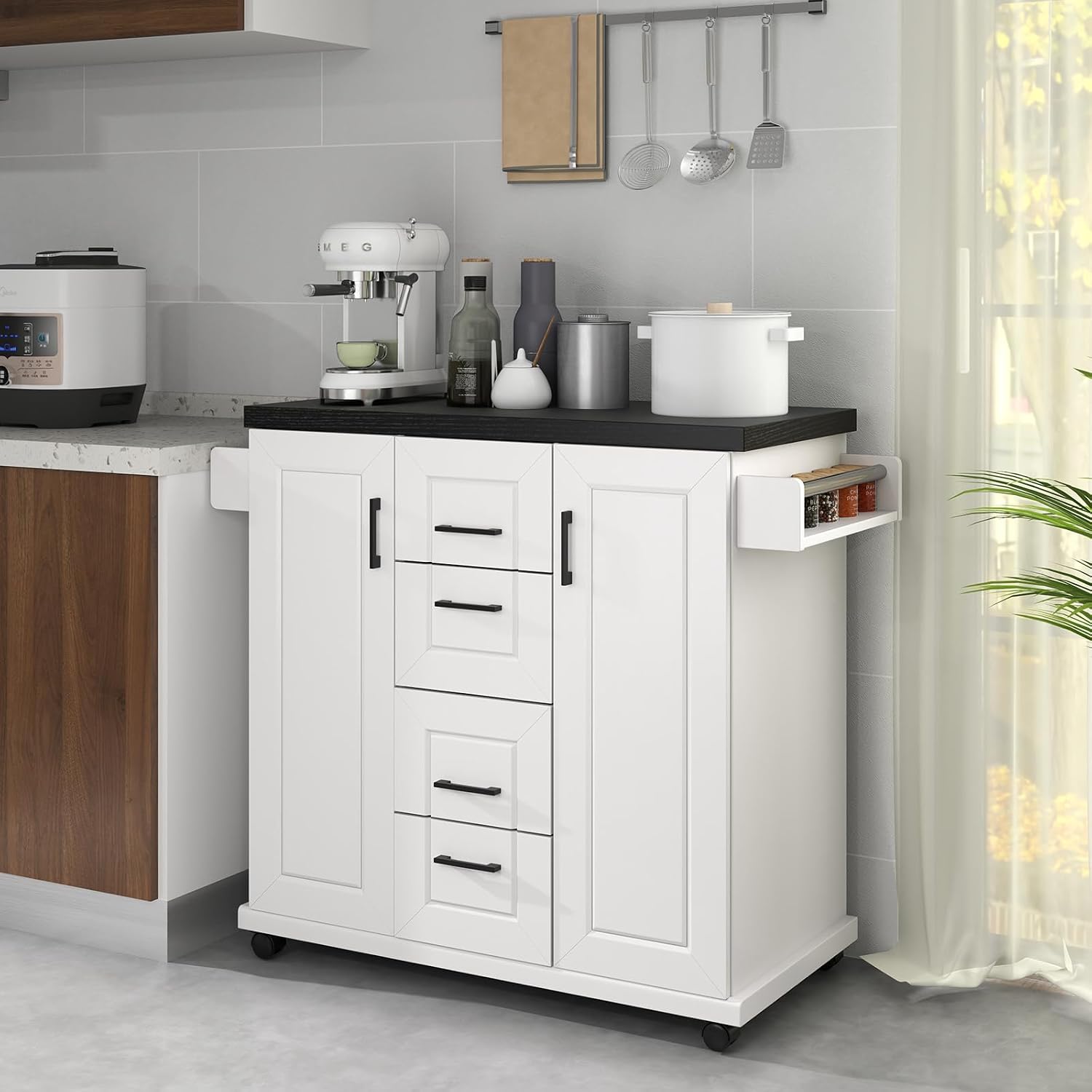 Giantex Kitchen Island with Storage, Rolling Kitchen Island Cart w/ 4 Drawers, Door Cabinets with Shelves, Spice Rack, Towel Rack, Island Table with Lockable Wheels for Kitchen Bar Dining Room, White