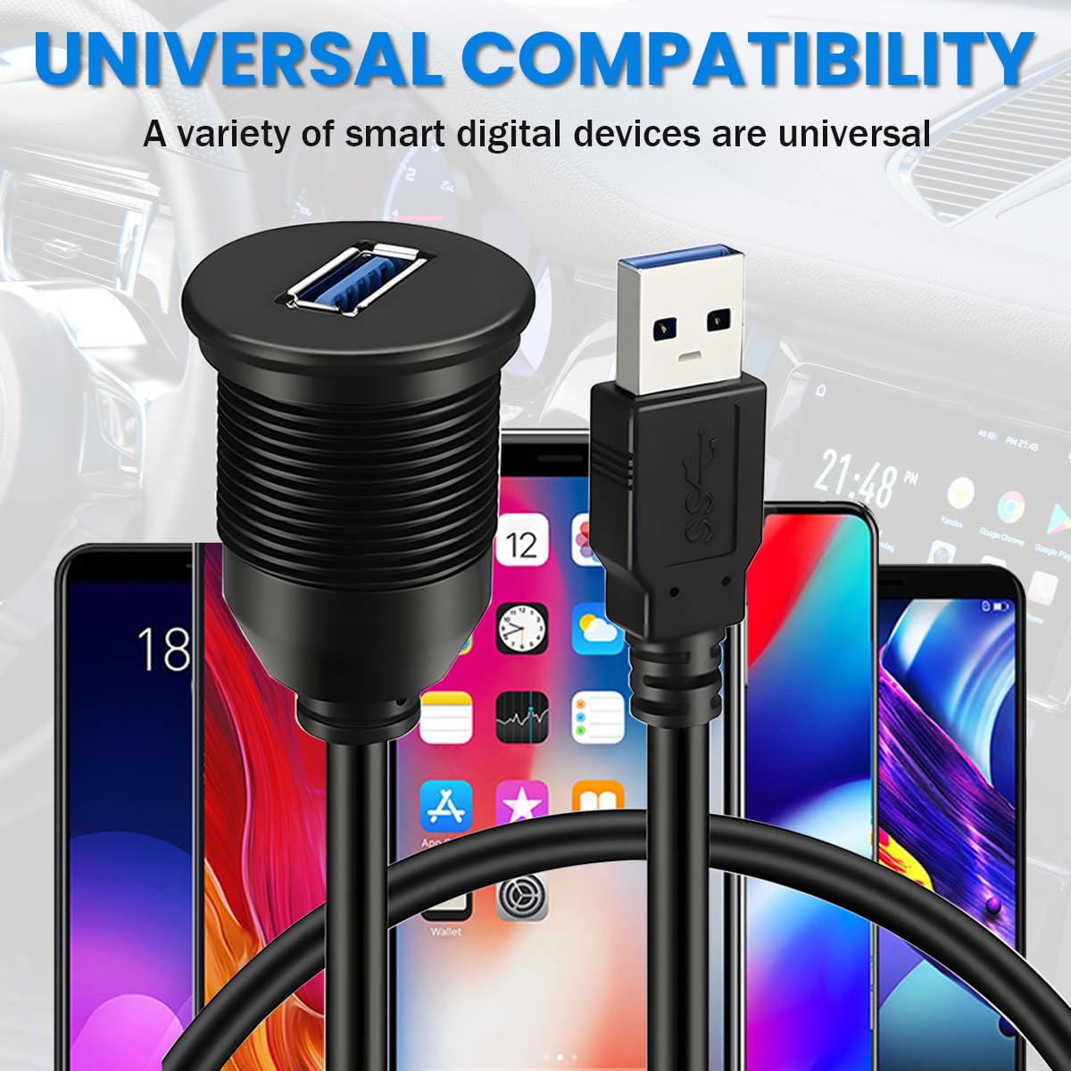 Adattatore USB Duale Per Cruscotto Auto - Presa A Pannello Con Cavo 145 Cm, Connettori 4 E Adattatore USB Duale Per Cruscotto Auto - Presa A Pannello Con Cavo 145 Cm, Connettori 4 E