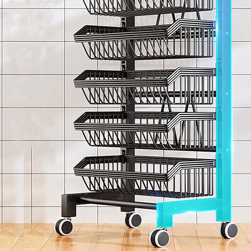 Miniatura 5 de Cestas de cocina apilables de 4 niveles para frutas y verduras con ruedas, soporte para cesta de frutas, cestas de metal para aperitivos, verduras,