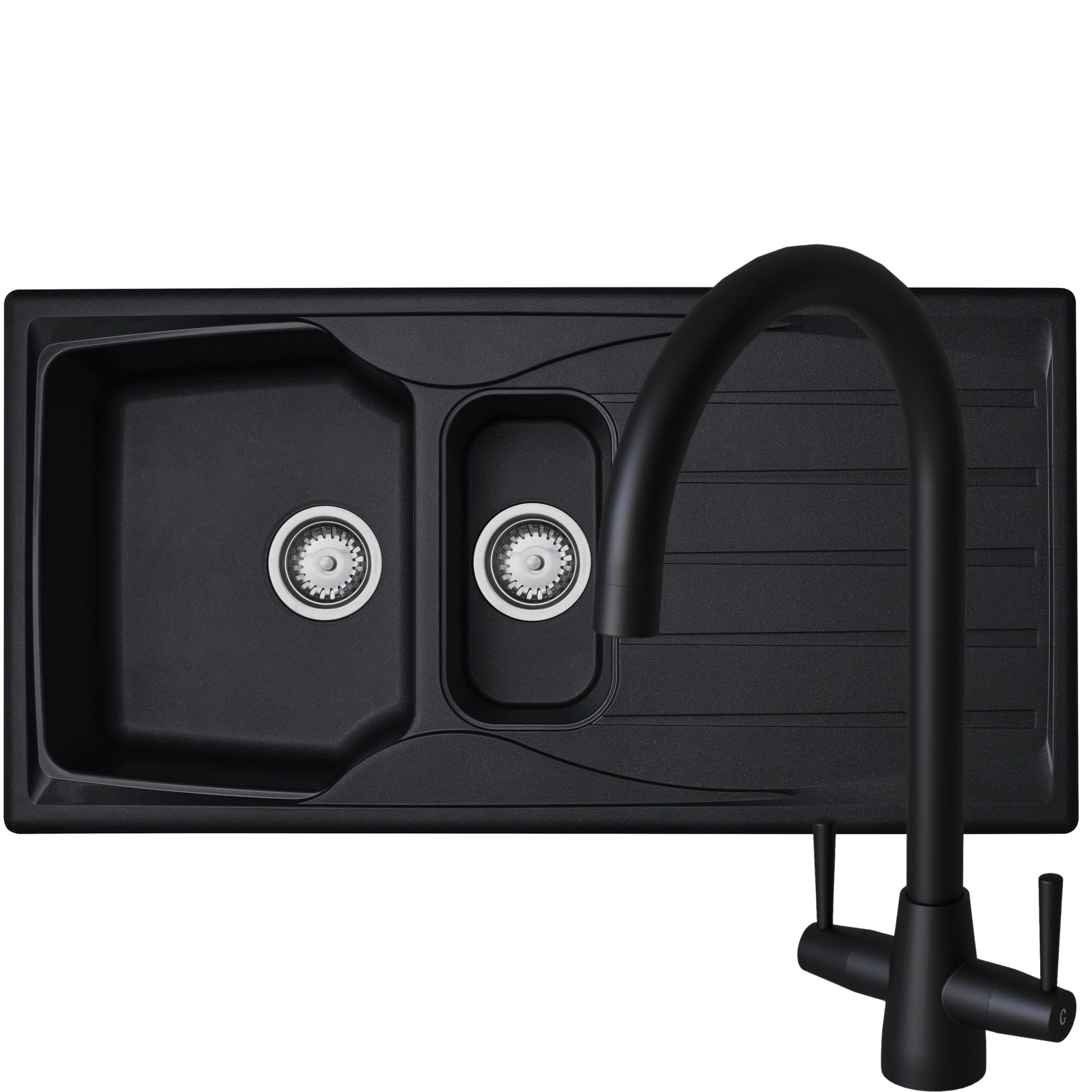 Liquida Black Cmp15bl 1.5 Bowl Reversible Kitchen Sink And Lu408mb Mixer Tap