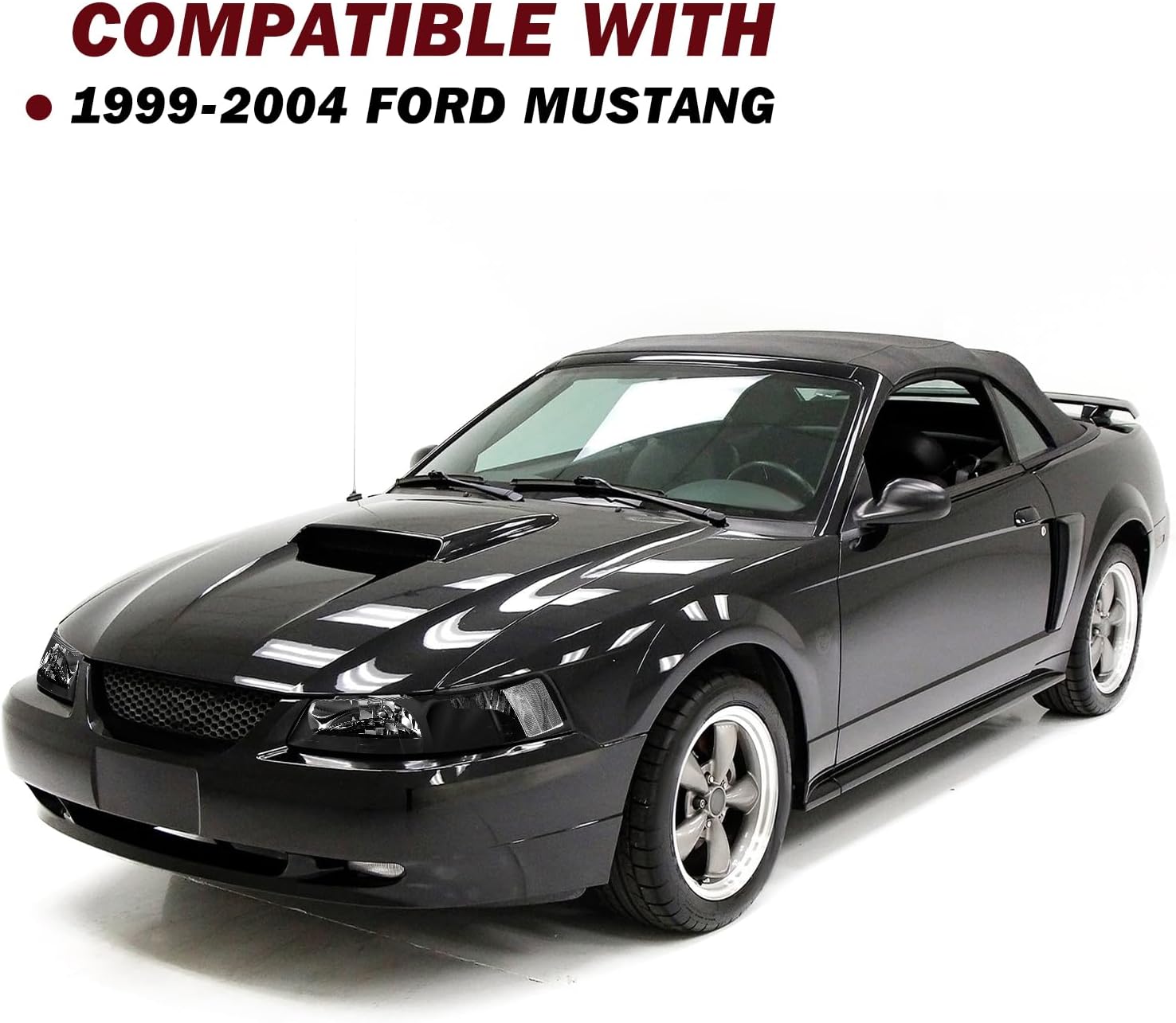 JSBOYAT Headlight Assembly Pair Fit for 1999-2004 Ford Mustang [Factory Halogen Type] OE Style Headlamp Replacement Pair (Black Housing & Clear Reflector)