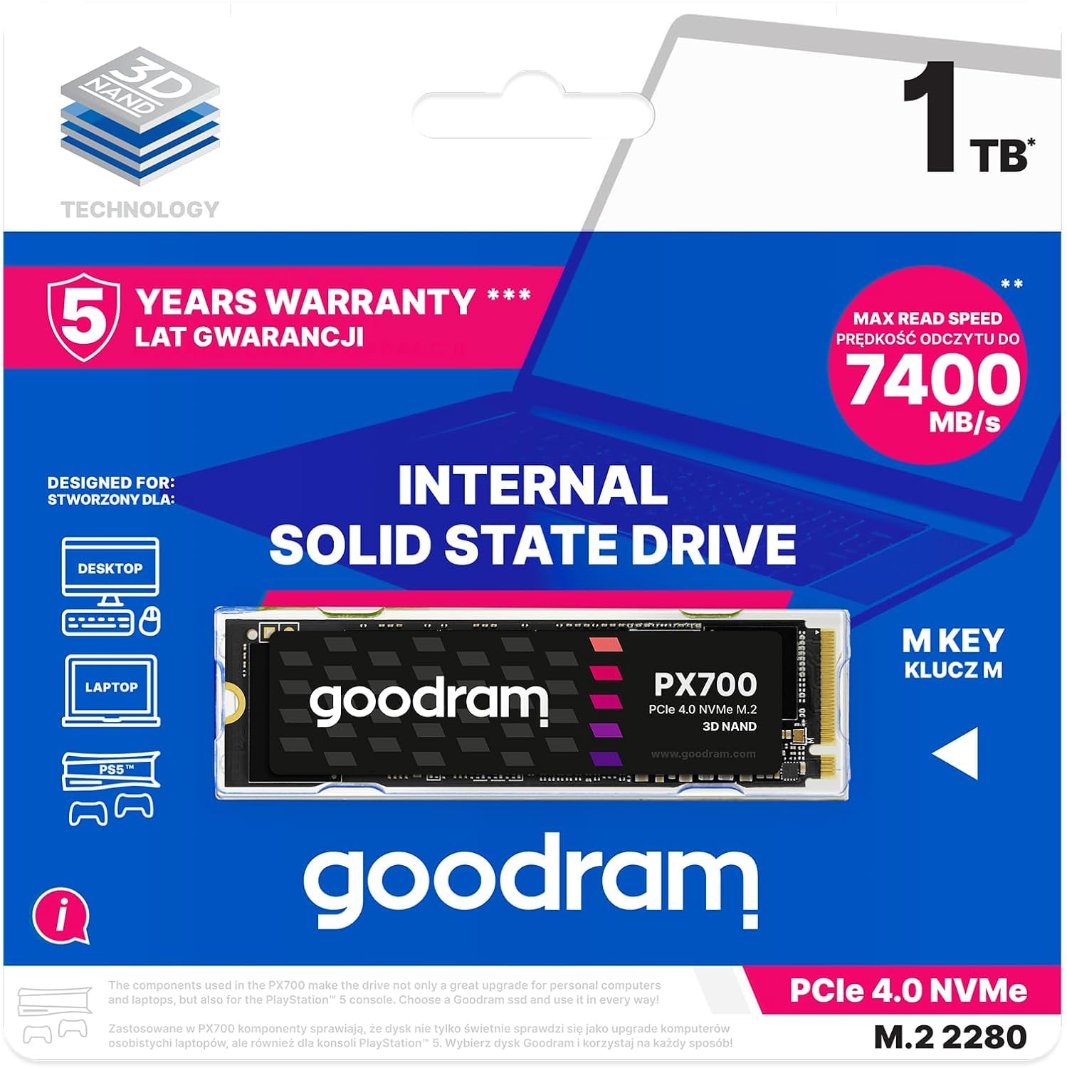 goodram - SSD Laufwerk PX700-1TB - PCIe 4x4 M.2 2280 - Kompatibel mit Notebooks, Laptops und PC Desktops, Festkörper-Laufwerk Schwarz 7400 MB/s Read