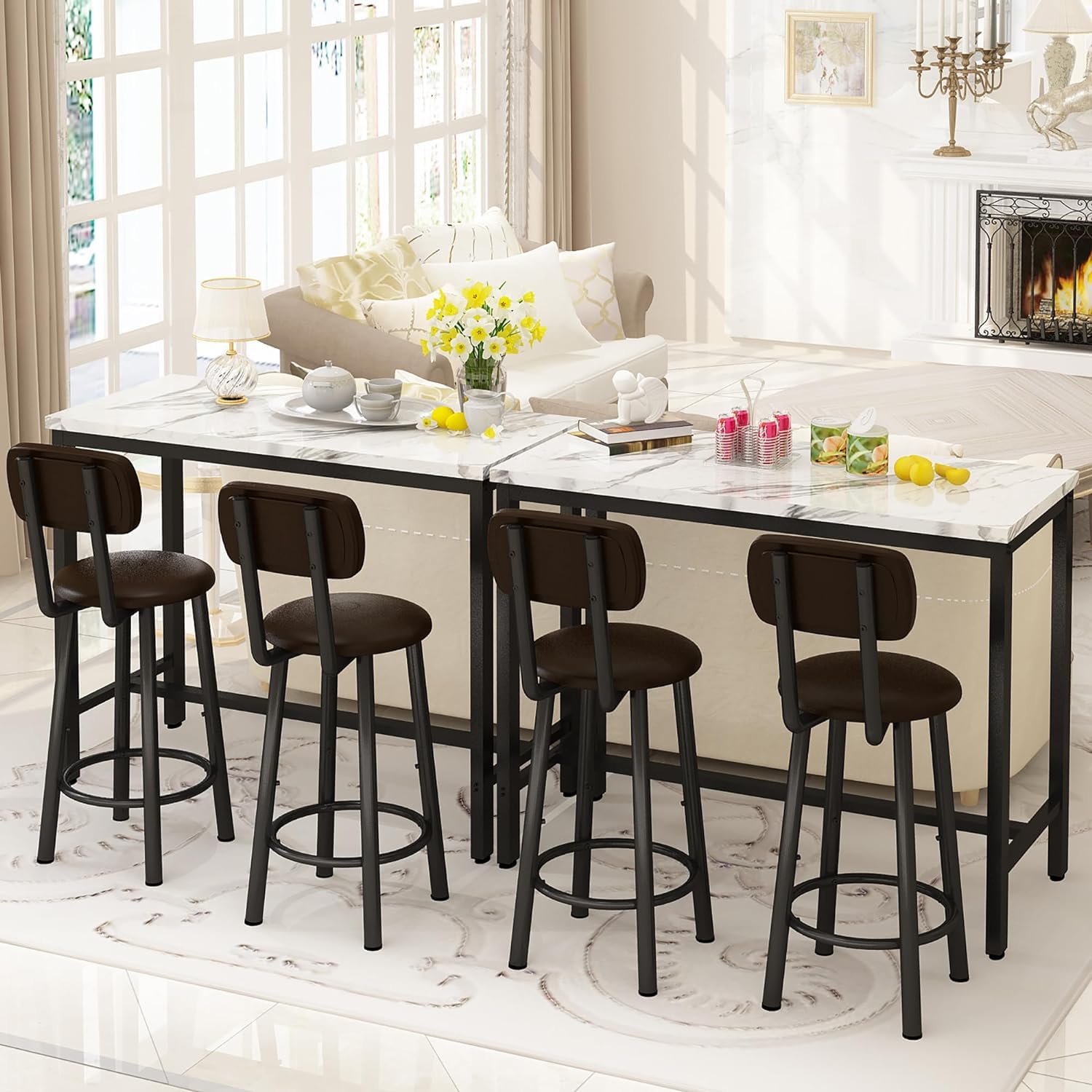 AWQM 3 Piece Bar Table Set of 2,39.3" Pub Bar Table and Chairs Set,Faux Marble Bar Height Table with 2 Backrest Stools,Small Dining Table for 2,
