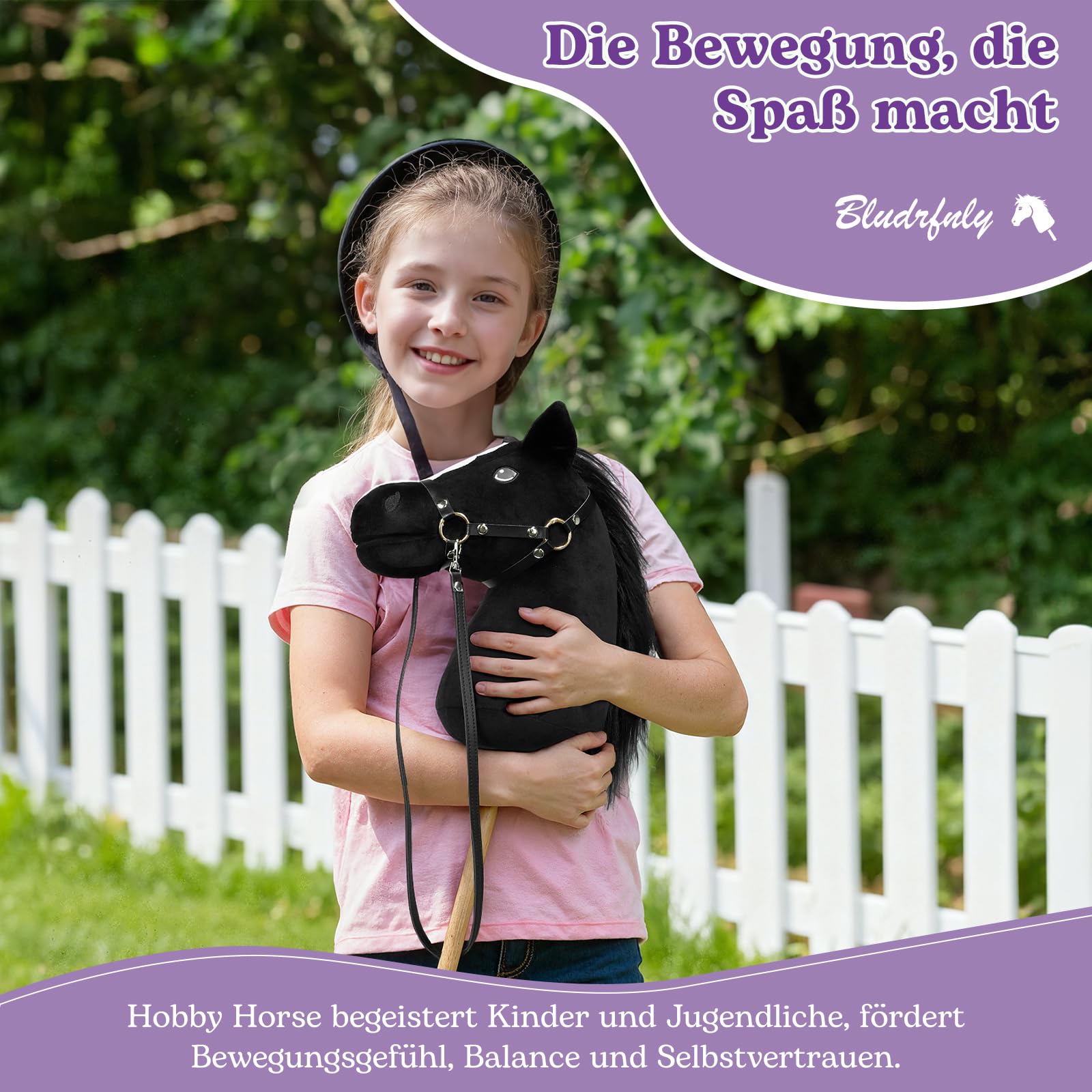 Hobby Horse - Koń na Kiju z Kantar i Ogłowiem (Czarny) | Duży Koń na Kiju dla Dzieci z Przykręcaną Tyczką 40 cm, Hobby Horse do Hobby Horsingu, do Zabaw w Odgrywanie Ról i Jazdy