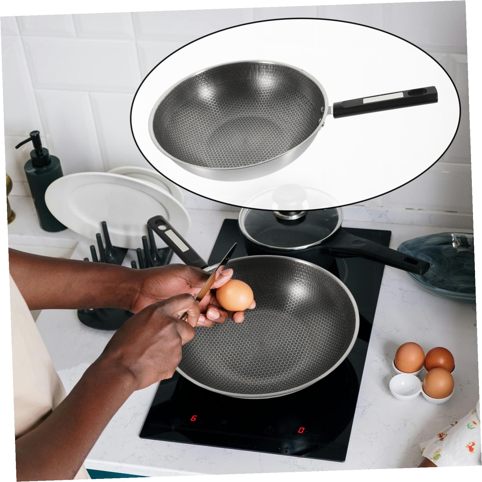 Homoyoyo Padella Rivestimento Antiaderente a Nido D'ape in Acciaio Inossidabile e Fondo Piatto Manico Ergonomico per Cucinare Uova e Fritture in Cucina