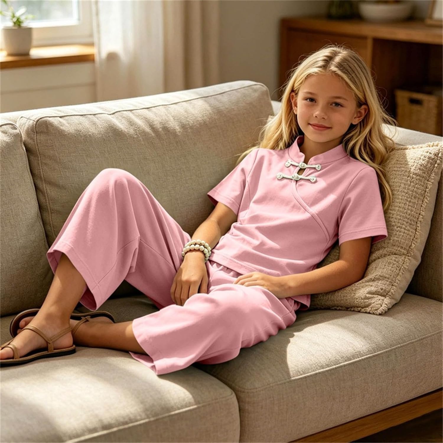 Girls Vintage Two Pieces Set Short Sleeve Retro Buckle Outfits Stand Collar Plain Outfits for Vacation Homecoming
