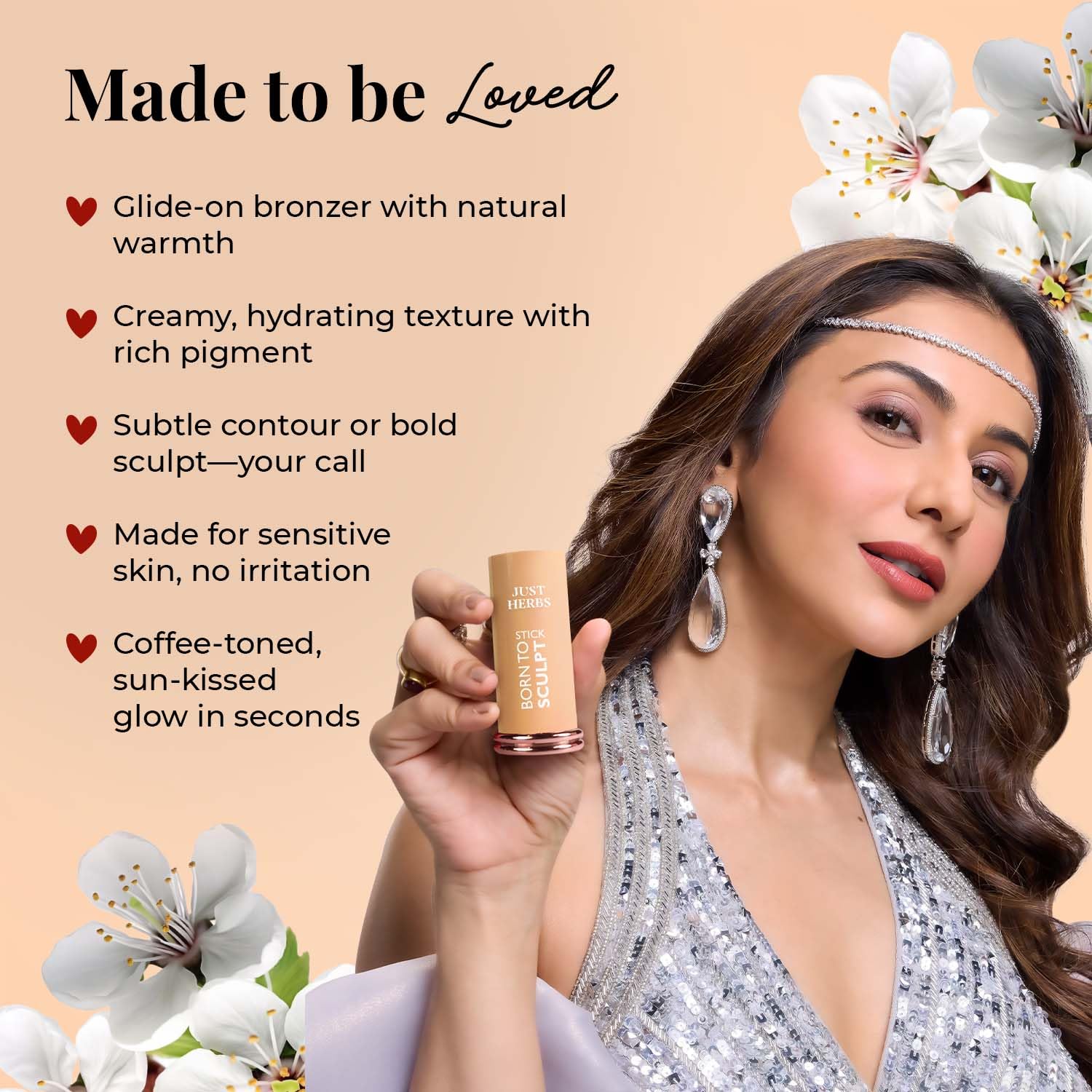 Just Herbs Super Hydrating Born To Sculpt Long Stay Bronzer Stick with Shea Butter | Richly Pigmented | Defines and Uplift Appearance | Matte Finish | All Skin Types for Women 14g (Latte) - Image 2 thumbnail
