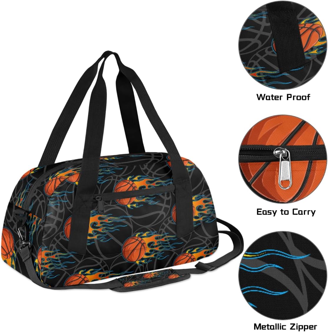 Gym Travel Duffle Bag for Boys - Black Fire Basketball Kids Overnighter Weekend Bag with Front Zipper Pocket for School Practice, Teens Carry-On Size Sleepover Bags - Image 3