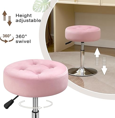 Miniatura 5 de Taburete giratorio otomano para maquillaje, taburete para tocador, altura ajustable, terciopelo rosa claro