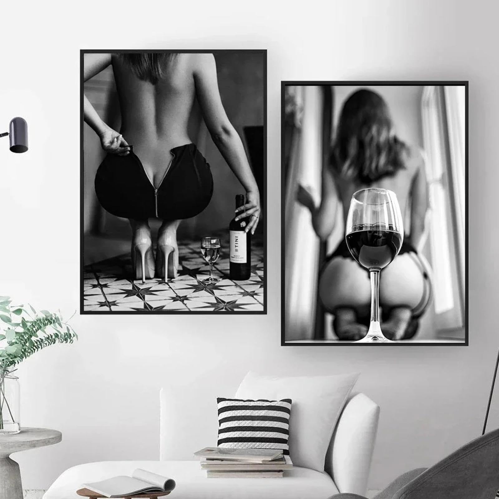 ZHAOLIN Posters and Prints Black White Women With Wine Glass Canvas Paintings Sexy Girl Wall Art Naked Body Picture for Home Cuadros 40x60cm(16x24in) x2 Frameless