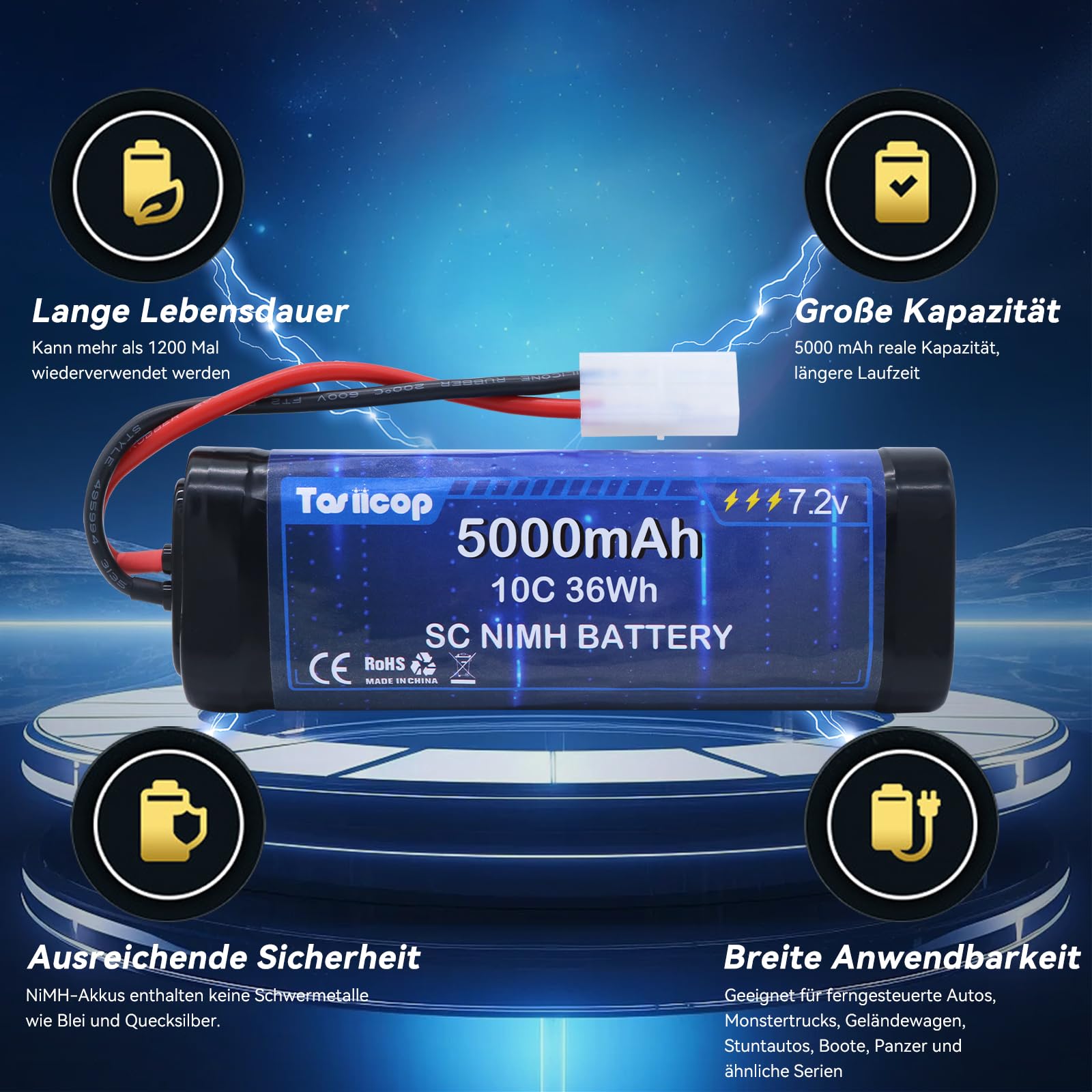 Batteria RC NiMH 7,2 V 5000 mAh – 7,2 Volt RC Auto Batterie compatibili con spina Tamiya Telecomando Auto Batteria per Remote Control Car Camion Monster Trucks Boot Buggy Aeroplane 2 pezzi