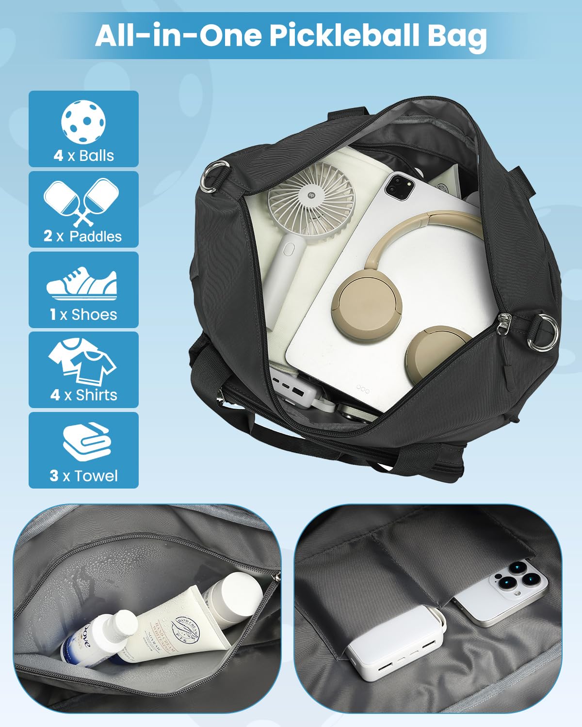 Sea choice Sac Raquette pour Homme et Femme contenir 2 Raquettes de Pikel ou Paddle Sac de Sport avec Compartiment à Chaussures et Poche Isolée, Cabine Avion Week-End Fitness