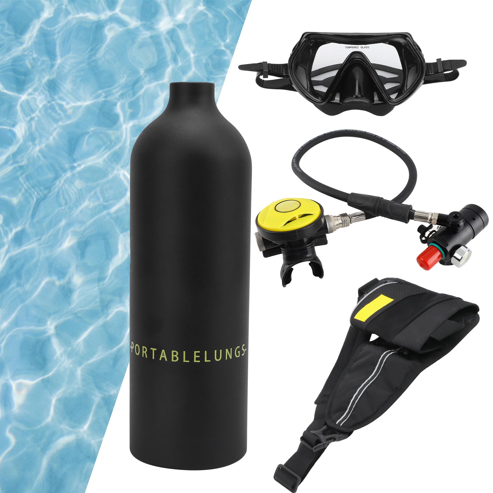 Set Bombola da 1 Litro, Mini Set da Immersione con Valvola di Sfiato e Occhialini da Sub con Cinturino per Immersione per Esplorazione Subacquea (Black)