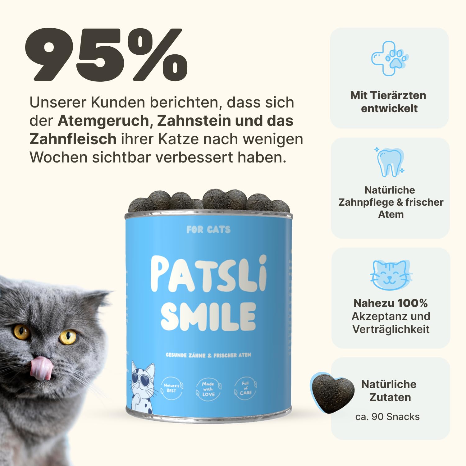 6-in-1 Zahnpflege-Snacks für Katzen | Reduziert Neubildung von Zahnstein & Maulgeruch | Unterstützt Maulhygiene | Ergänzungsfuttermittel Katze | Tierärztlich entwickelt | Patsli Smile
