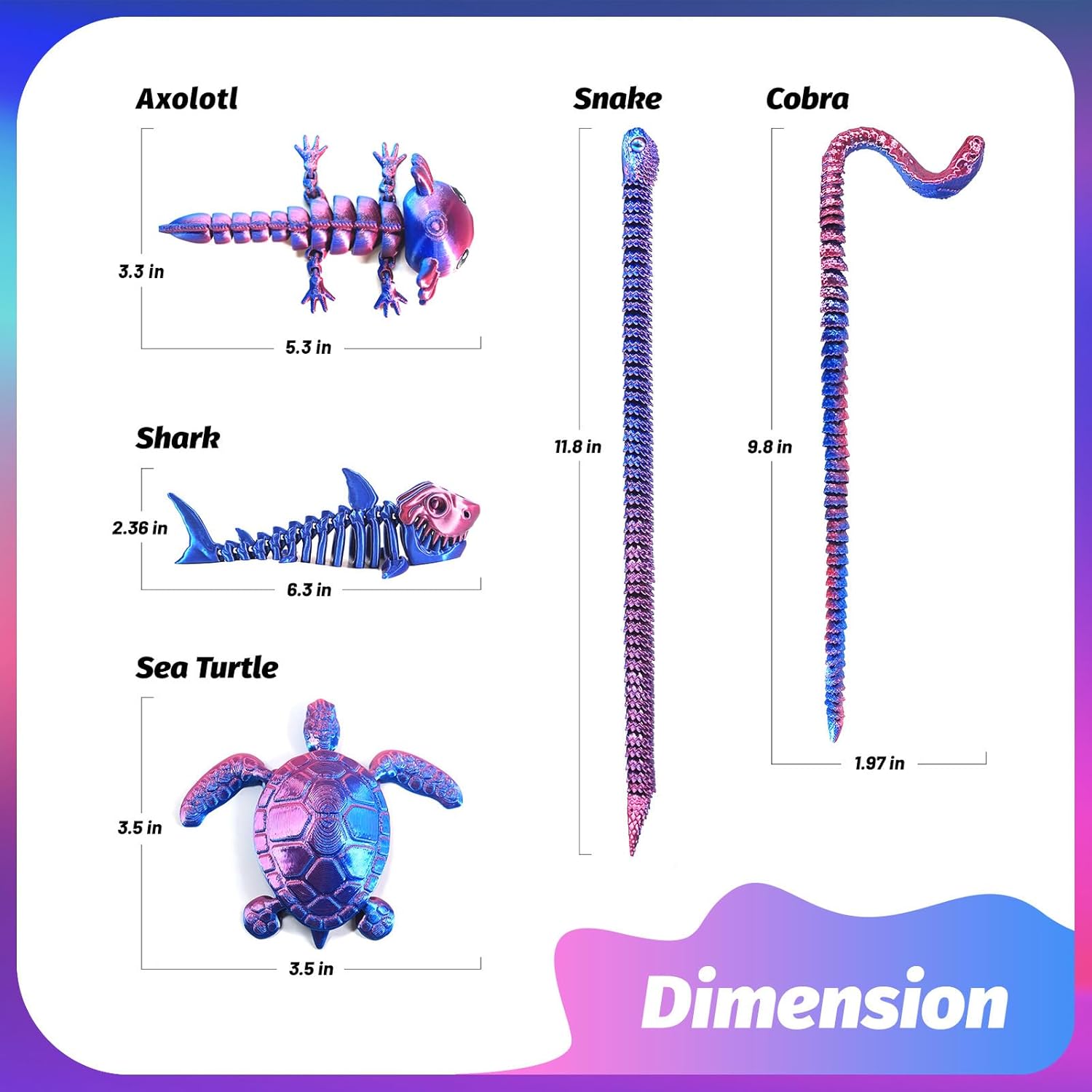 9Pcs 3D Printed Animals 3D Printed Dragon Include 3D Printed Snake, Dinosaur, Sharks, Axolotl, Turtle, Cobra and 3 Style Dragons, 3D Printed Toys Stuff for Home, Office, Decor Christmas Birthday Gift - Image 4