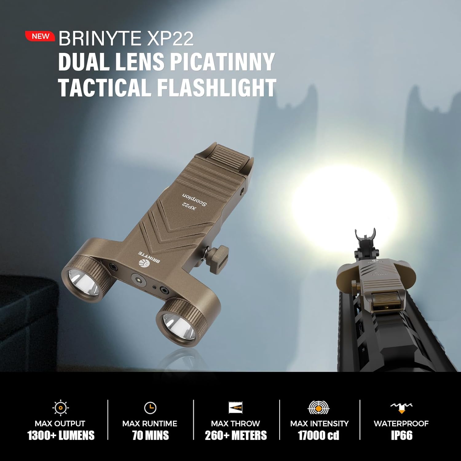 Brinyte XP22 Picatinny Tactical Flashlight Desert Bundle HC01 Headlamp with White and Red Light
