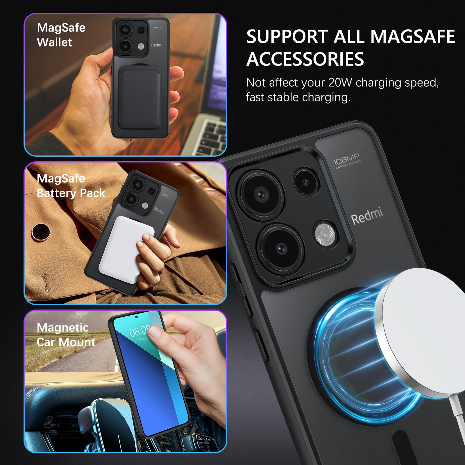 BENTOBEN Custodia Magnetica Per Xiaomi Redmi Note 13 Pro 4G: Antiurto Grado Militare, Retro Opaco Traslucido, Compatibile Magsafe