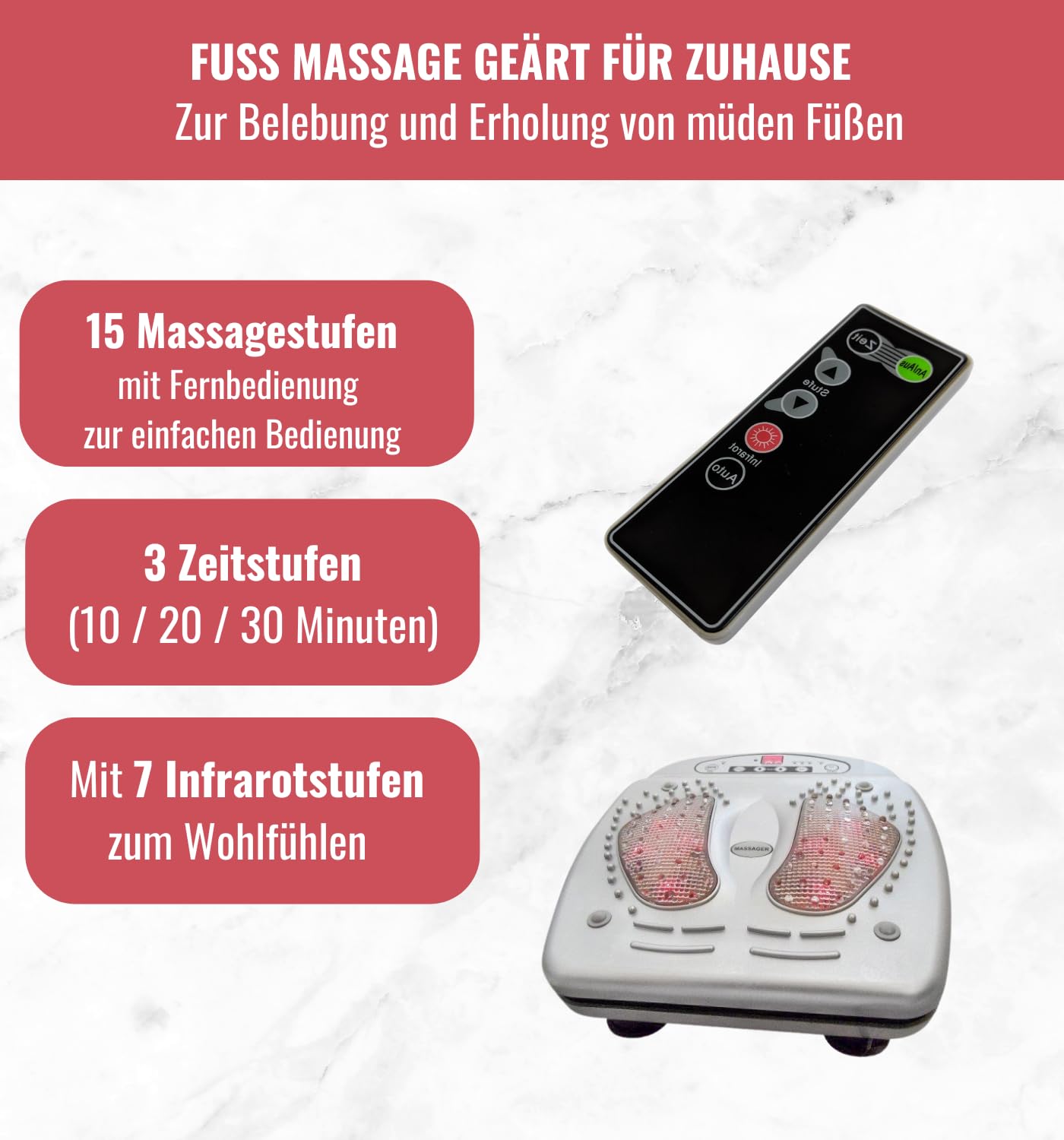 Infrarot Fußmassagegerät mit Fernbedienung | 15 Massagestufen & 7 Wärmestufen | Fußreflexzonen Massagegerät mit Akupressur & Timer | belebende Fuß-Massage für Zuhause, Büro & unterwegs
