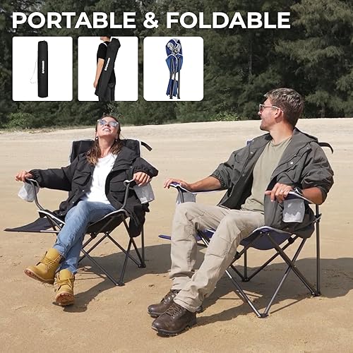 Miniatura 6 de FUNDANGO Silla plegable de camping con mesa, paquete de 2 sillas acolchadas portátiles resistentes para exteriores para adultos con portavasos para