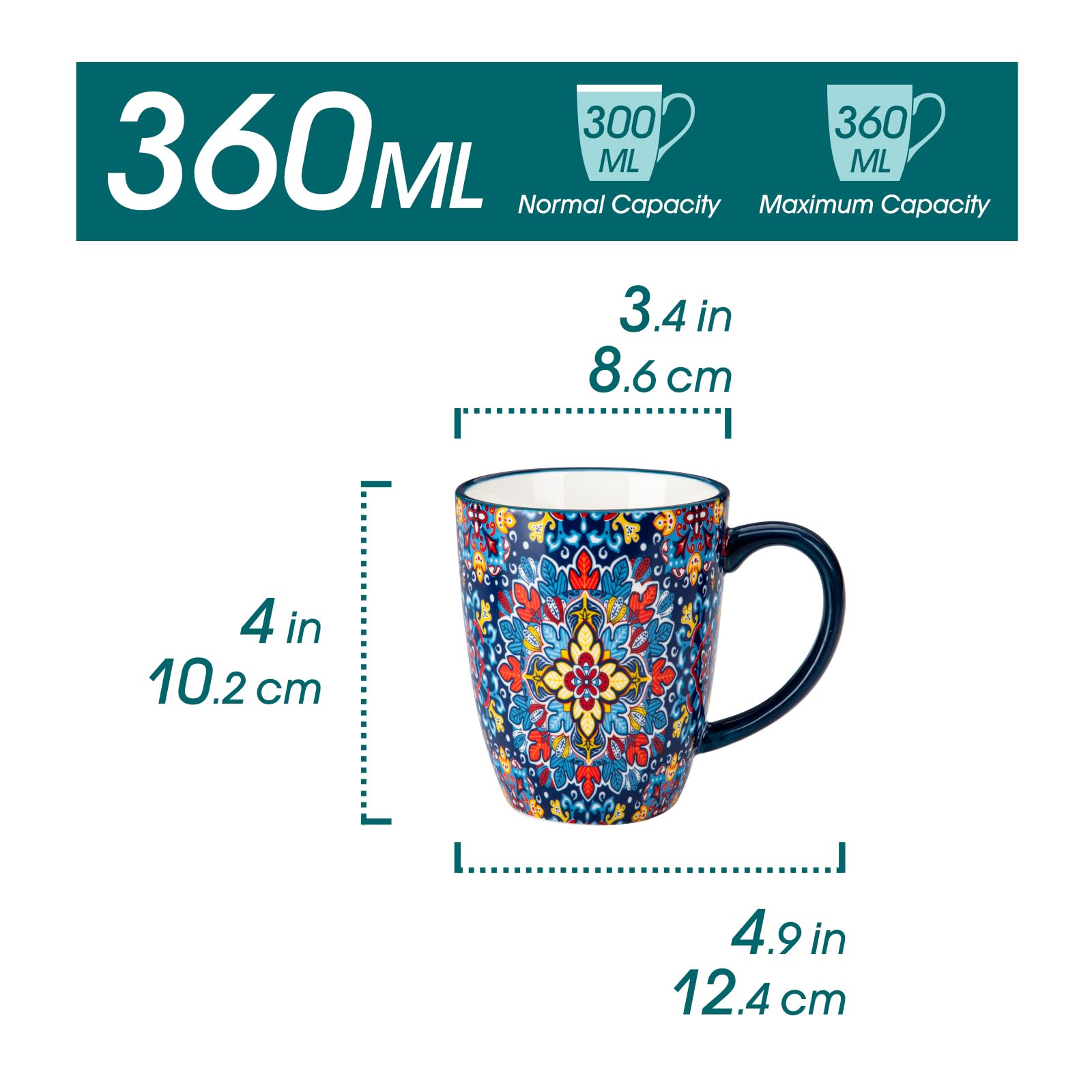 vancasso Kaffeetassen Set 6er, SIMI Tassen Set mit Henkel, 360ML Kaffeebecher Porzellan, Böhmisches Teetassen, kaffeeservice 6 personen