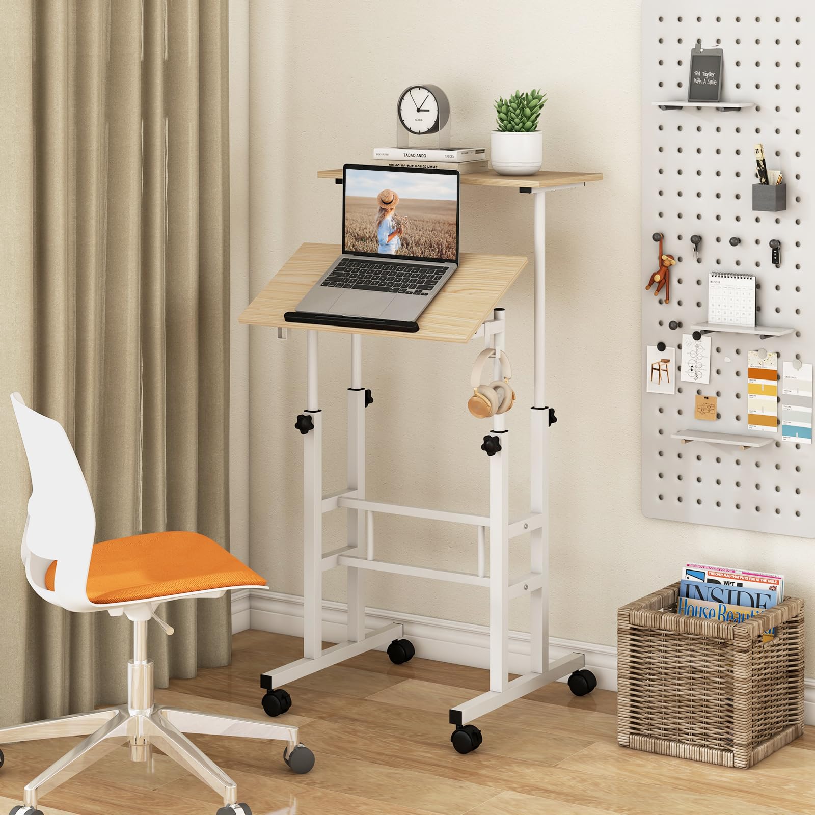 COSTWAY Scrivania per Computer Regolabile in Altezza, Postazione di Lavoro per Computer con Ruote e Ganci, Tavolo Porta PC per Studio e Ufficio, 60 x 60 x 72-124 cm (Naturale)