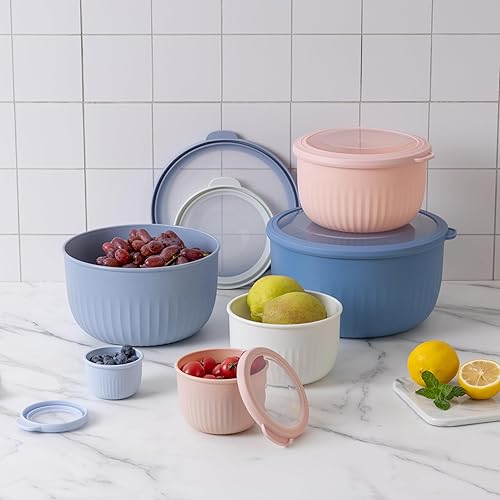 Vista 34 de COOK WITH COLOR - Juego de tazones de preparación profundos con tapas, para mezclar, de plástico, pequeños y apilables (color rosa/gris)
