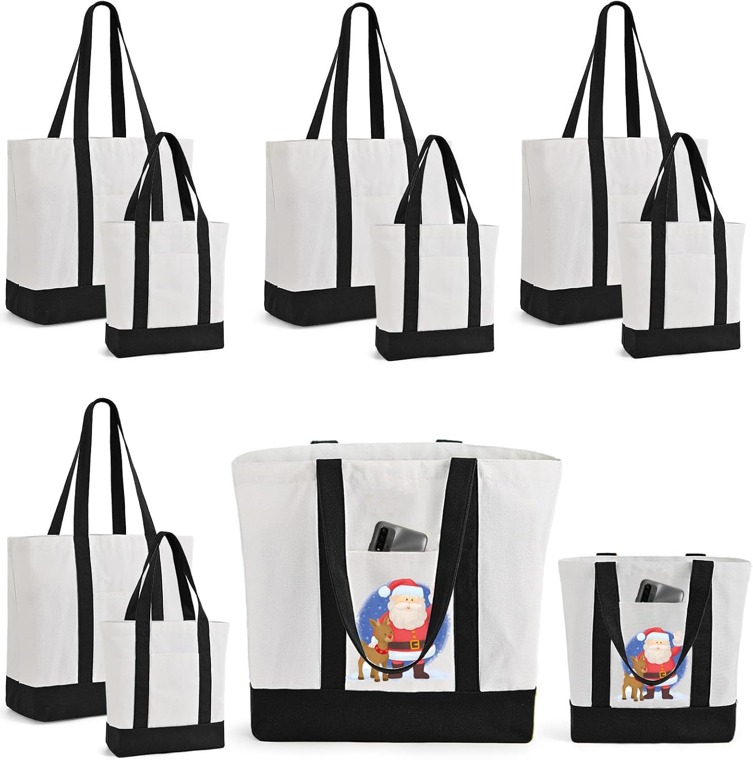 TAOZIM 10Pcs Canvas Tote Bag Bulk with Outer Pocket, 12oz Cotton Blank Canvas Tote Bags 19 x 14.6Inch, 13 x 11Inch Reusable Grocery Bags Shopping Cloth Bags for Women, Black (5 Set Large & Medium)
