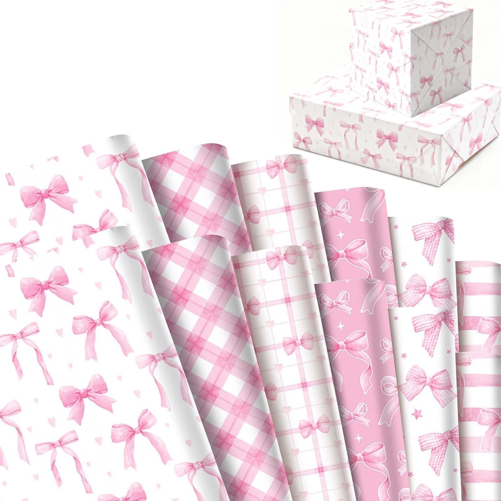 12 PCS Pink Bow Wrapping Paper, 68cmx50cm Pink Wrapping Paper