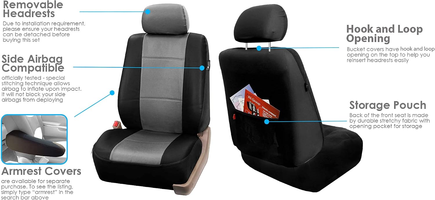 FH Group Car Seat Covers Front Set Gray Faux Leather - Car Seat Covers for Low Back Seat with Removable Headrest, Universal Fit, Automotive Seat Covers, Airbag Compatible Car Seat Cover for SUV, Sedan