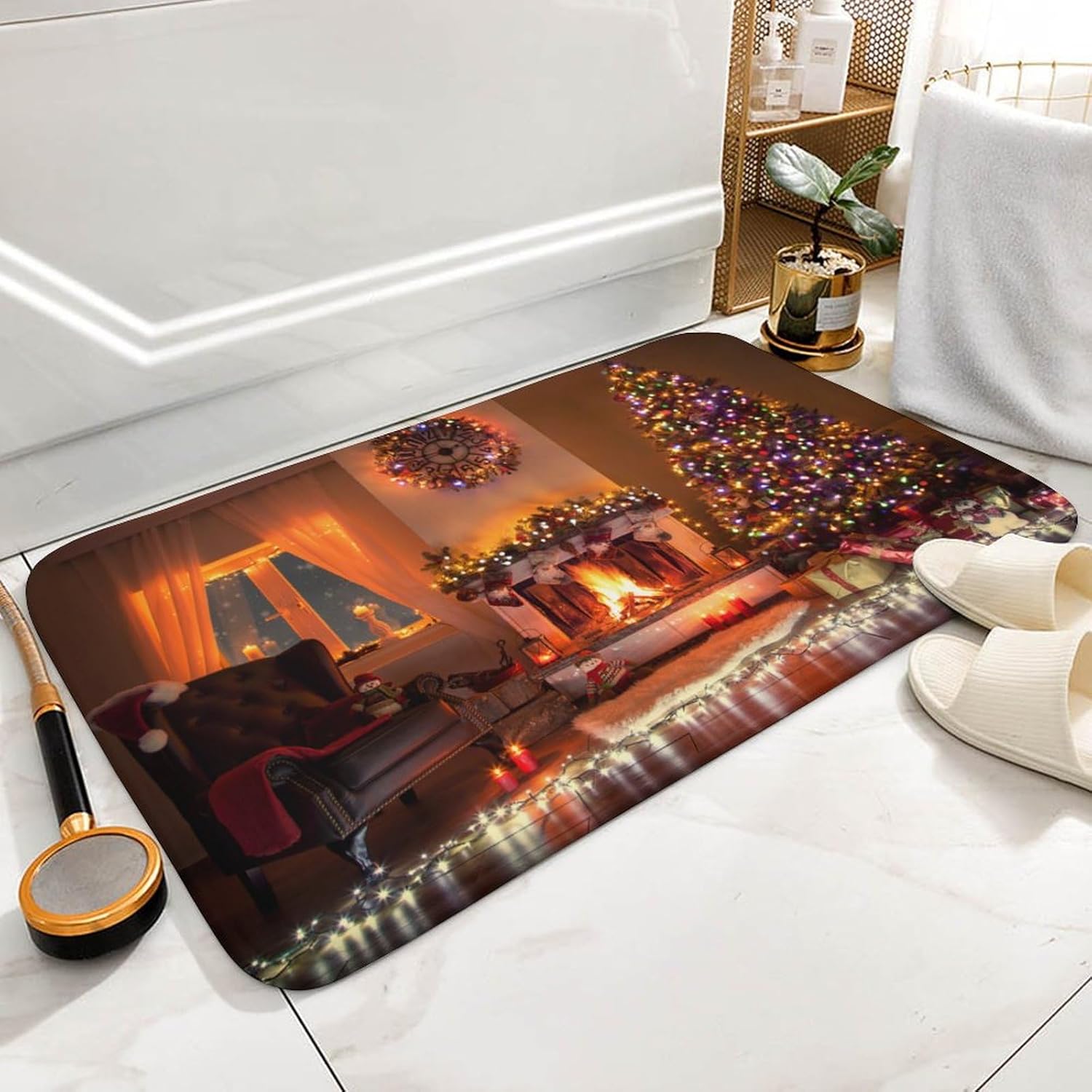 Christmas Bath Rug 19.7"x31.5", Xmas Winter Season Christmas Tree and Fireplace Decor Ultra Absorbent & Non-Slip Bath Carpet, Machine Washable, Soft Bath Mats for Bathtub and Laundry, Bathroom Floor