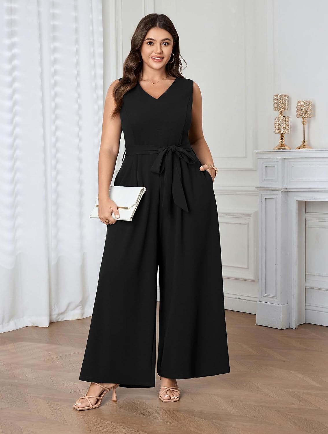 SHESTARR Womens Plus Size Jumpsuits Dressy Casual Sleeveless V Neck High Waist Belted Wide Leg One Piece Long Romper Pockets