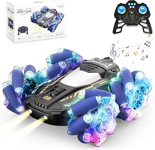 NQD Coche de control remoto, auto de acrobacias de juguete de acrobacias, 4WD 2.4Ghz de doble cara giratoria de 360 con luz fresca y música, autos