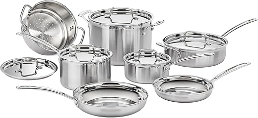 Cuisinart 12-Piece Cookware Set, MultiClad Pro Triple Ply Stainless Steel Cookware Set, Heat Surround Technology, Cool Grip Stick Handles, Oven Safe Up to 500°F, MCPS-12N, Silver