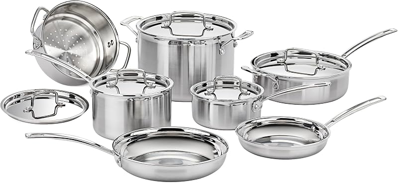 Juego de ollas y sartenes de acero inoxidable Cuisinart, compatible con inducción, 12 piezas | Juego de utensilios de cocina Cuisinart de acero inoxidable de 12 piezas con cacerolas, sartén para saltear, olla sopera y sartenes, apto para horno hasta 500 °F, MCPS-12N