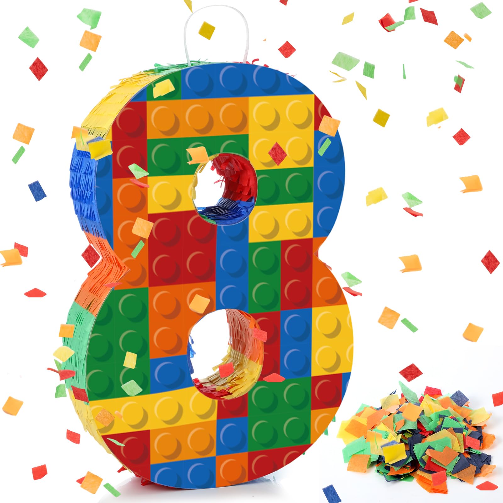 RoundFunny Number 8 Building Blocks Piñata 16.5 Inch Party Supplies 8th Birthday Party Decorations Piñata with Confetti Blocks Theme Fiesta