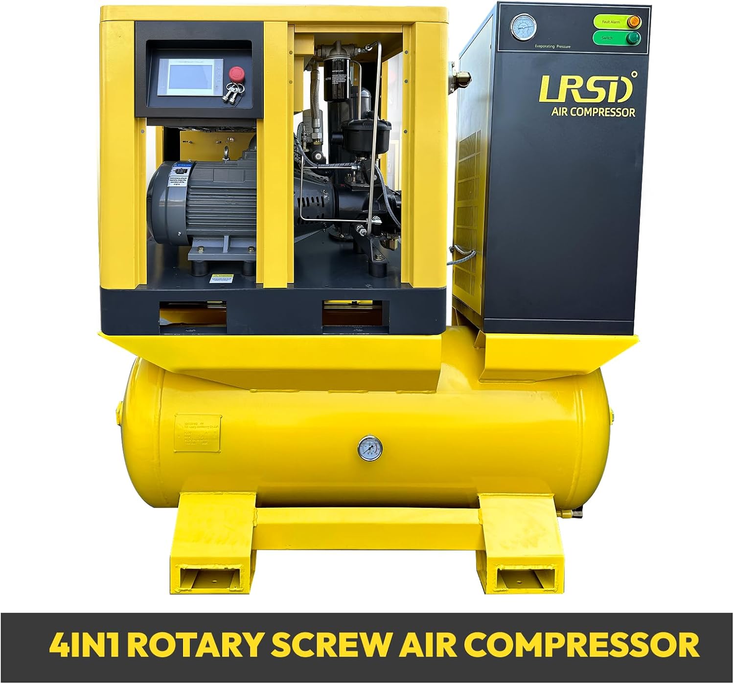 Rotary screw air compressor, 5.5 kW/7.5 hp, 220 volts/3 phase, 29 cubic feet per minute, with compressor, refrigerated dryer and 80-gallon air tank.