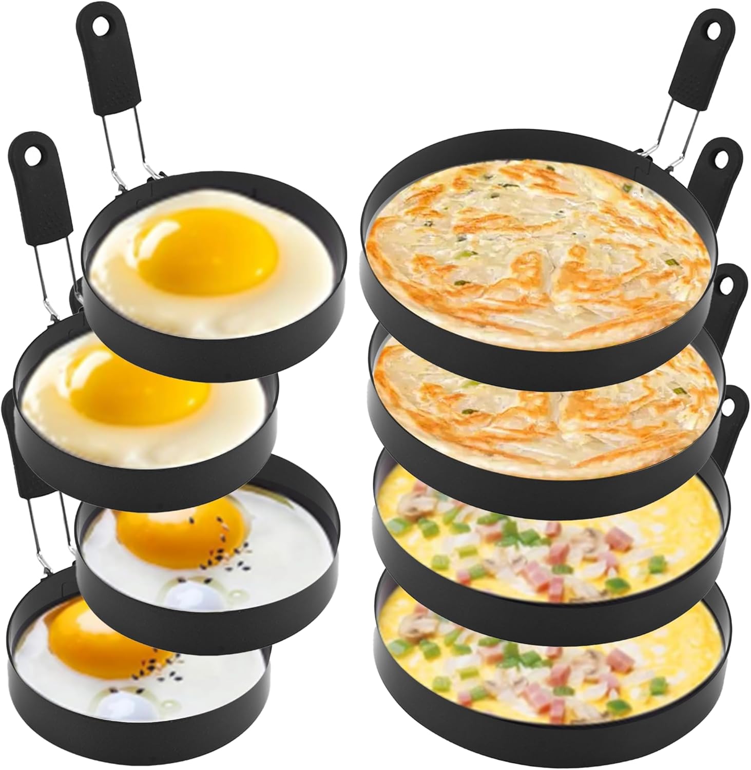8 Pack Eggs Ring Pancake Ring Set: 6" Large Omelette Ring, 3.5" Round Egg Ring, Stainless Steel Fried Egg Molds for Breakfast Omelette Sandwich