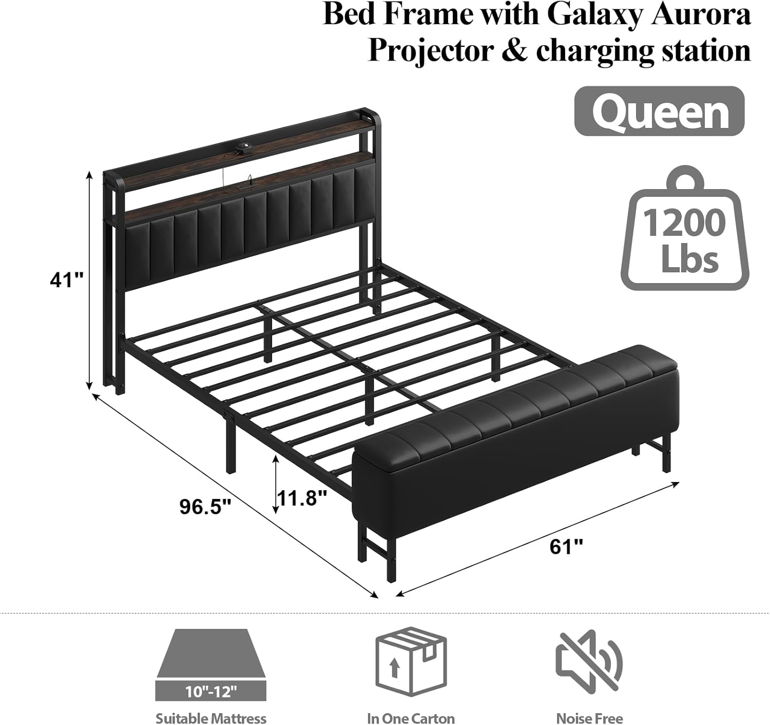 Queen Size Bed Frame with Star Projector & Charging Station, PU Leather Upholstered Platform with 2-Tier Storage Headboard & Storage Ottoman, Metal Support, Noise-Free, No Box Spring Needed, Black